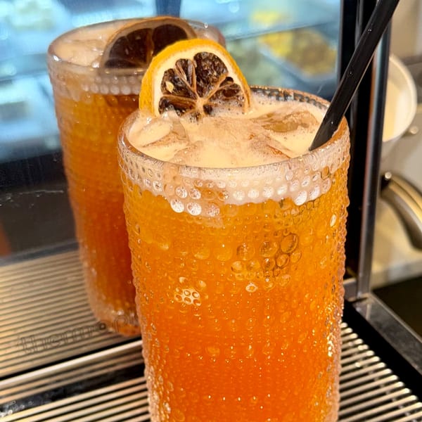 Two tall glasses of iced orange drink, garnished with dried orange slices and a black straw.